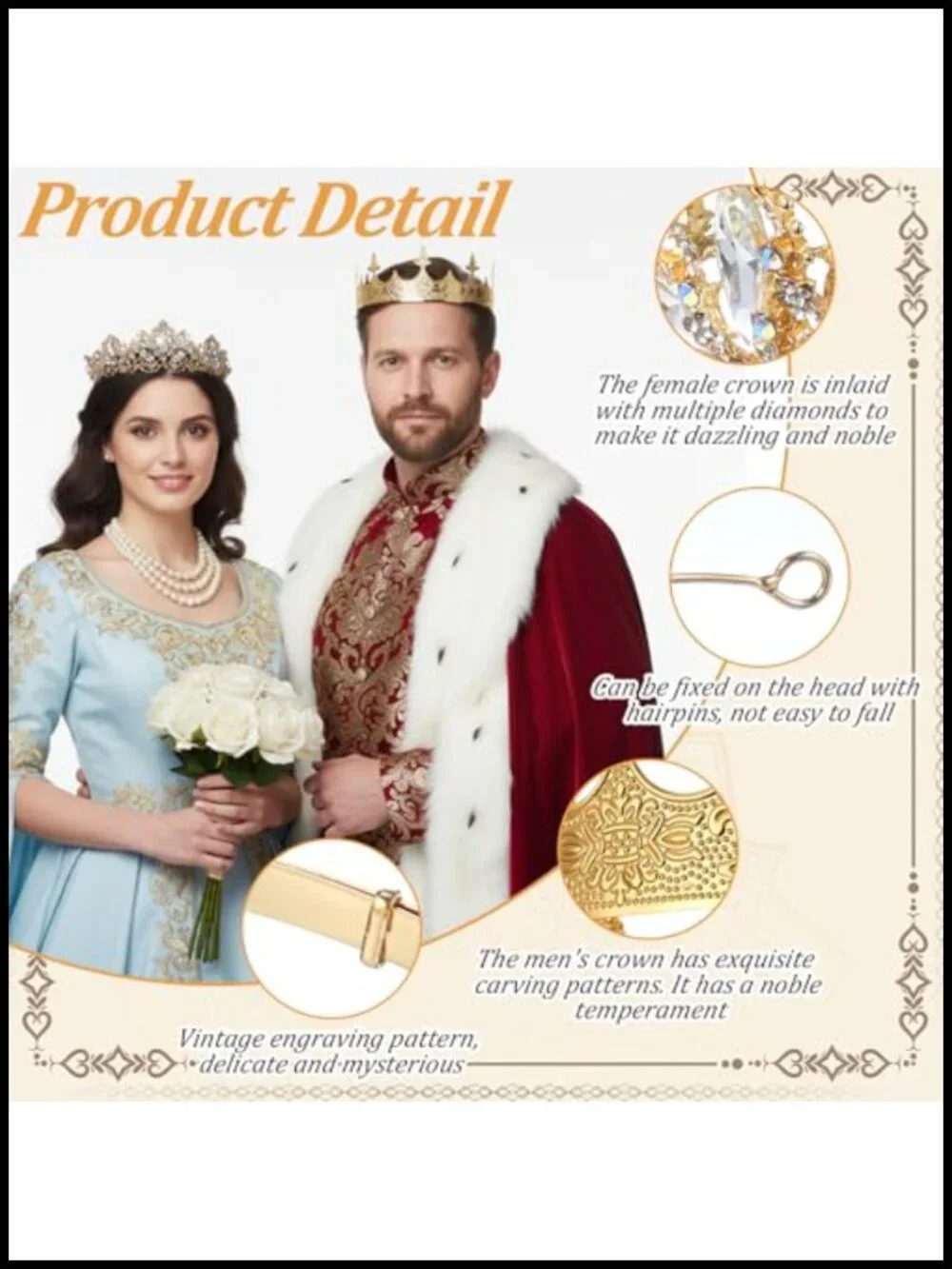 King Queen Crown Set Baroque Costume Tiara Couple Cosplay Halloween Party